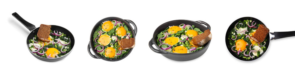 Delicious shakshuka in frying pans isolated on white, set with top and side views
