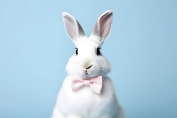 Obraz premium a white rabbit in a bow tie on a blue background, easter, magic