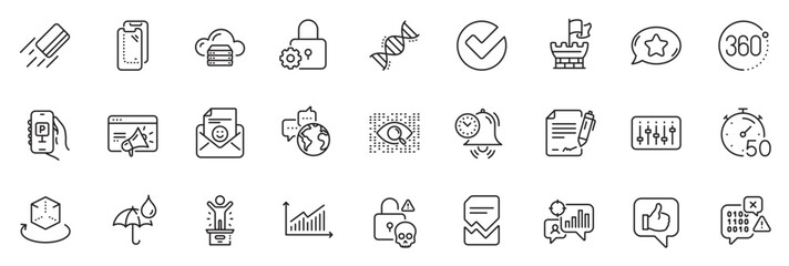 Icons pack as Smartphone glass, Artificial intelligence and Seo marketing line icons for app include Signing document, Lock, Verify outline thin icon web set. Waterproof umbrella. Vector