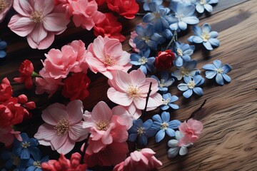 Naklejka na ściany i meble Plastic blossoms adorning caf s wooden surface