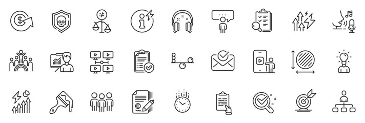 Icons pack as Group, Inclusion and Presentation line icons for app include Dollar exchange, Brush, Headphones outline thin icon web set. Approved report, Video conference. Group outline sign. Vector