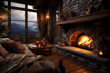 Obraz na płótnie Canvas Rustic home interior with cozy fireplace