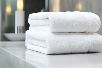 Fototapeta na wymiar Stack of white folded towels on table