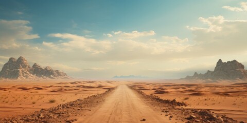 Fototapeta na wymiar Dirt road in the great desert with beautiful sky and sand