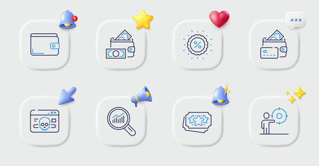 Fototapeta premium Cyber attack, Business target and Money wallet line icons. Buttons with 3d bell, chat speech, cursor. Pack of Money, Data analysis, Loyalty points icon. Discount pictogram. Vector