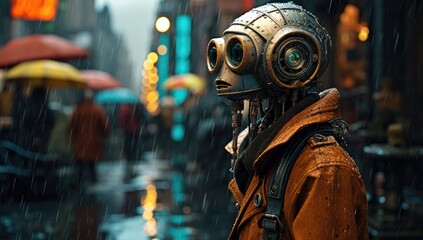 Lonely robot with big eyes walking trough futuristic city in the rain.