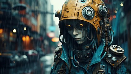Female rascal robot in yellow hood walking trough futuristic city in the rain. - obrazy, fototapety, plakaty