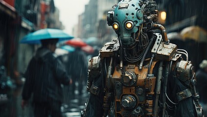 Blue robot with gears walking trough futuristic city in the rain.