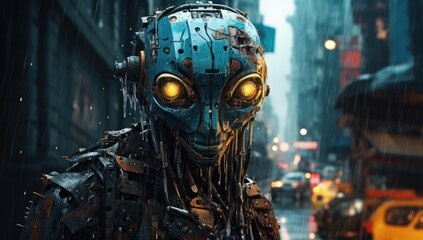 Blue friendly robot with gears walking trough futuristic city in the rain.