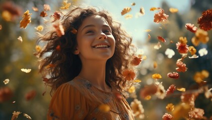 a young girl with her arms outstretched is throwing flowers and leaves