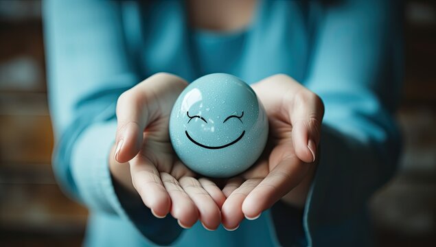 Woman hands holding up a blue smiley face - Powered by Adobe