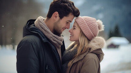Happy young couple in love against the backdrop of Mountain winter snowy landscape. Close-up shot.
