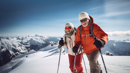 Happy elderly couple skiing. Mountain winter snowy landscape. Action shot.