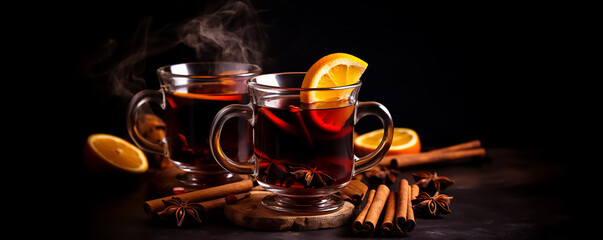 Christmas glass of mulled wine decorated with a cinnamon stick, orange and star anise on a dark background.