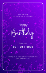 birthday card template with gradient purple background and silhouette ornament drawings