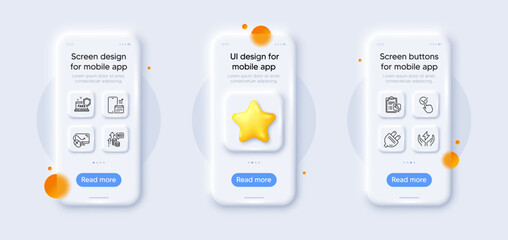 Fake internet, Checkbox and Phone calendar line icons pack. 3d phone mockups with star. Glass smartphone screen. Electric plug, Safe energy, Bid offer web icon. Vector