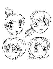 Cartoon Character Faces Heads Vector Illustration Art Set