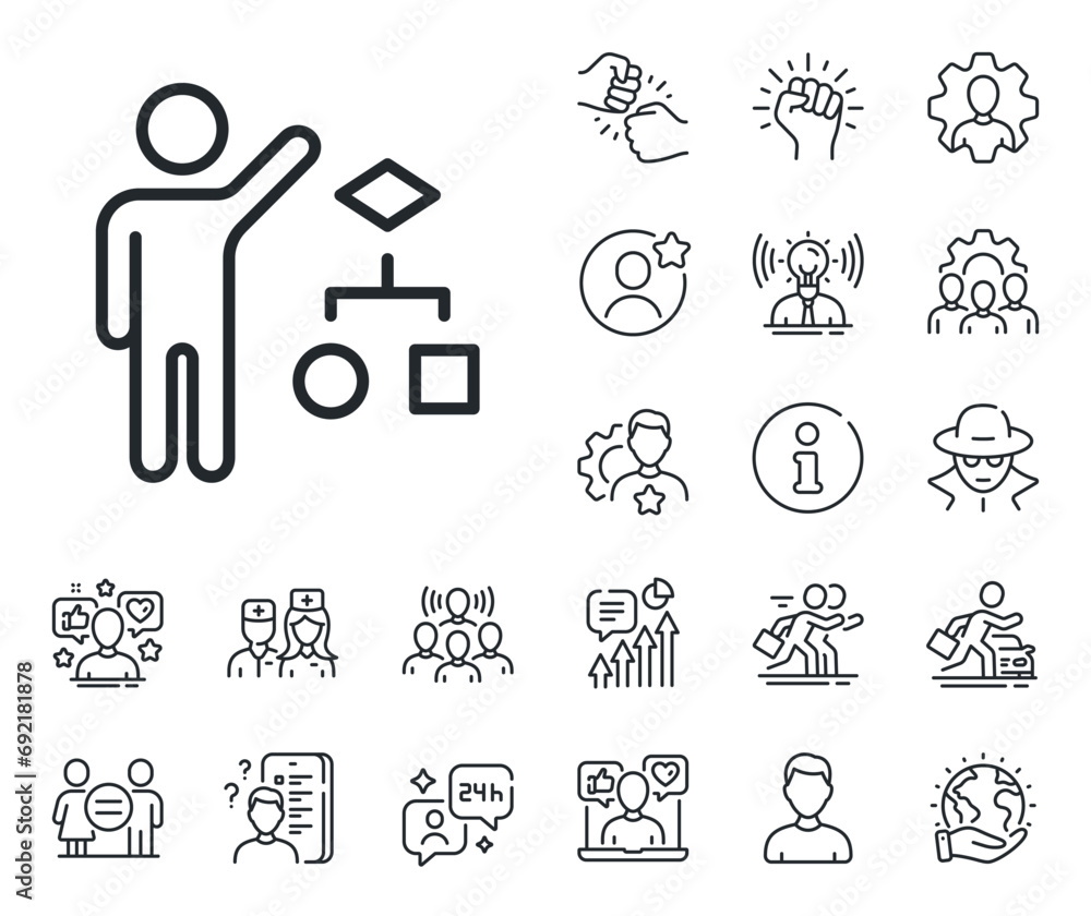 Poster business management sign. specialist, doctor and job competition outline icons. algorithm line icon.