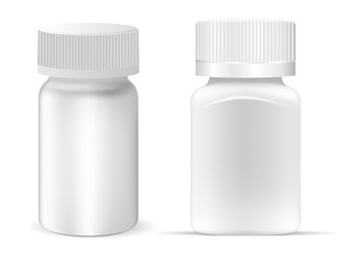 White pill bottle mockup. Plastic vitamin capsule jar, isolated on white background. Supplement tablet product blank, realistic pharmaceutical medicament template. Cosmetic pills packaging