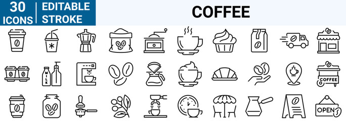 set of 30 line web icons coffee. Icoffee maker machine, beans, Espresso cup. Collection of Outline Icons. Vector illustration.