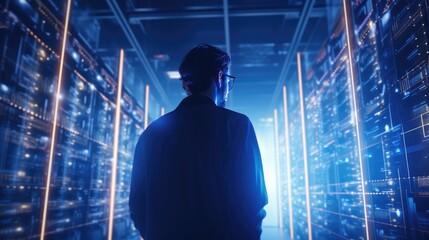 Big Data Center Chief Technology Officer Standing In Warehouse, Information Digitalization Lines Streaming Through Servers. SAAS, Cloud Computing, Web Service. Generative AI
