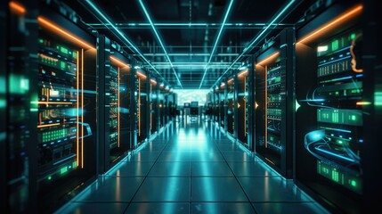 Modern Data Technology Center Server Racks Working in Dark Facility. Information Storage Facility. Generative AI - obrazy, fototapety, plakaty