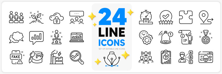 Icons set of Chat message, Puzzle and Analytics line icons pack for app with Cyber attack, Manual doc, Journey thin outline icon. Equality, Time management, Analytical chat pictogram. Vector