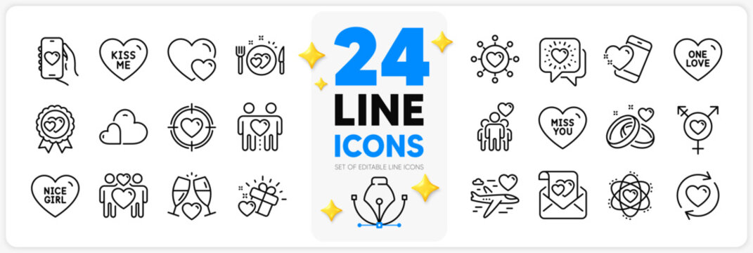 Icons set of Love award, Friends chat and Dating app line icons pack for app with Genders, Nice girl, One love thin outline icon. Atom, Valentine target, Update relationships pictogram. Vector