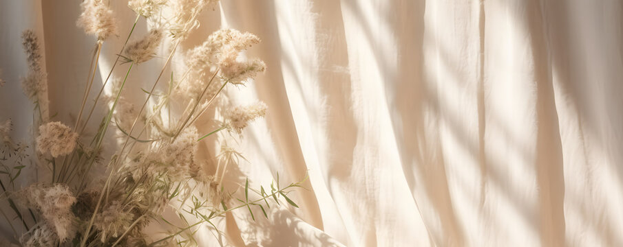 Abstract sunlight shadows on beige linen curtain and meadow grass, elegant business, interior or wedding design template 