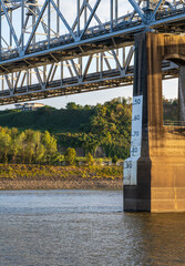 Clearance gauge shows extreme low water conditions on Mississippi river under John R Junkin bridge...