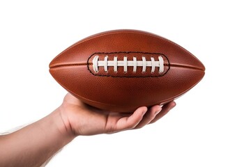 Leather american football ball in male hand on white background