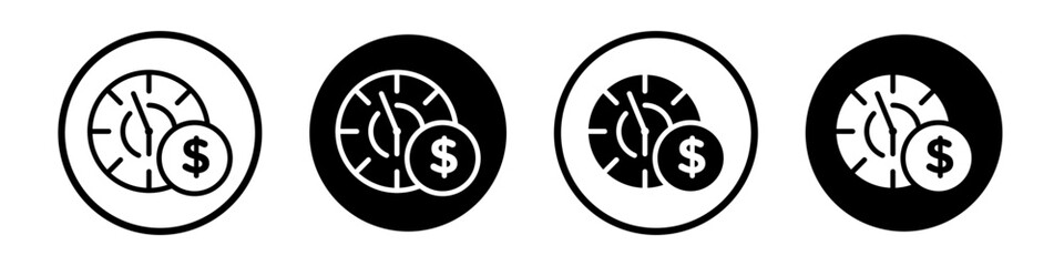 time is money icon set. hourly wage payment vector symbol in black filled and outlined style.