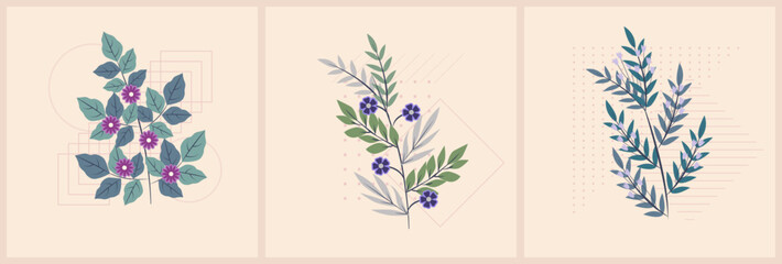 Abstract minimalist art. Mixed style, geometric shapes and plants. Bauhaus. Flowers, leaves. Set of vector images. Backgrounds for poster, banner, print on color background, eps 10 © Anastasiia