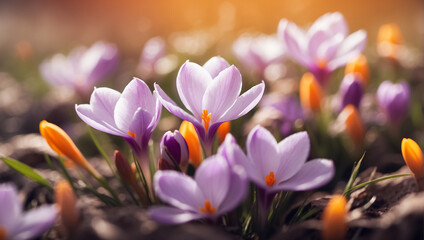 Beautiful spring crocus flowers close up frame