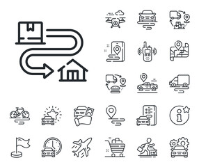 Package location sign. Plane, supply chain and place location outline icons. Tracking parcel line icon. Delivery service symbol. Tracking parcel line sign. Taxi transport, rent a bike icon. Vector