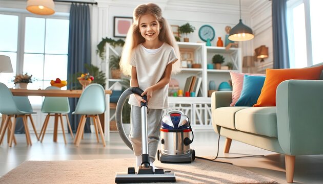 Young Girl Vacuuming the Floor