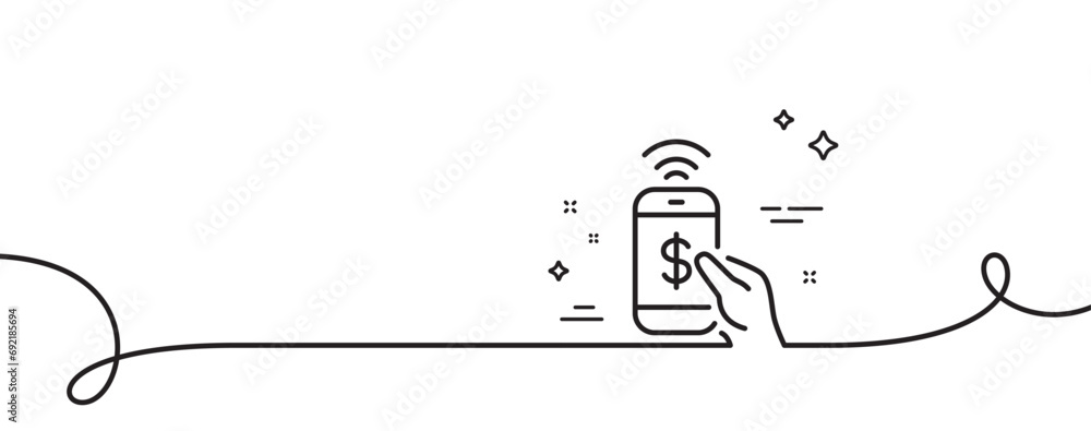Poster phone payment line icon. continuous one line with curl. dollar pay sign. finance symbol. phone payme