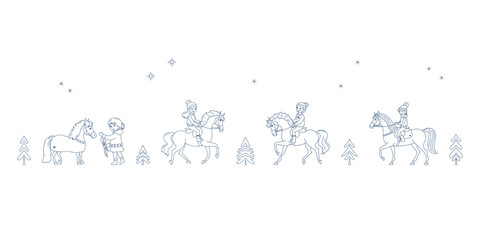 Children and ponies, winter holidays, linear contour for coloring page