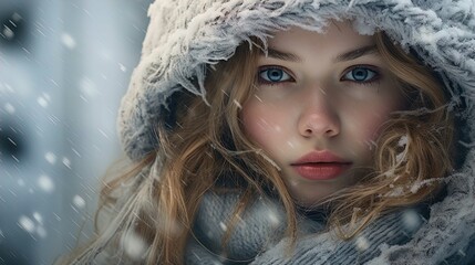 This is a close-up image of a young woman in a wintery environment. She has piercing blue eyes and wears a knit beanie that is covered with frost. Her cheeks have a natural pink flush, likely from the