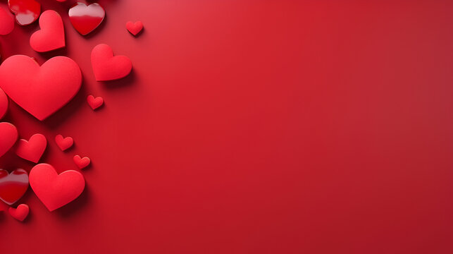 .Romantic Valentines Day backdrop featuring a red heart frame on a red background. Side perspective, space provided for text.