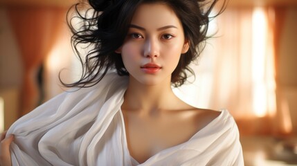 Fototapeta premium Portrait Beautiful Asian Woman Stretching Her, Background HD For Designer 