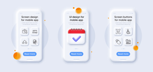 Usb stick, Swipe up and Face detection line icons pack. 3d phone mockups with calendar. Glass smartphone screen. Stars, Analysis app, Disability web icon. Jobless, Delivery report pictogram. Vector