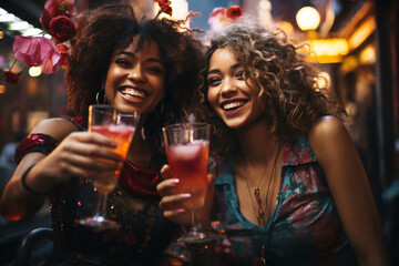 Naklejka premium portrait of a young happy girl together in a pub, joyful emotions, happy faces