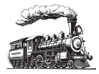 Old Steam locomotive vintage ,hand drawn sketch in doodle style illustration - obrazy, fototapety, plakaty