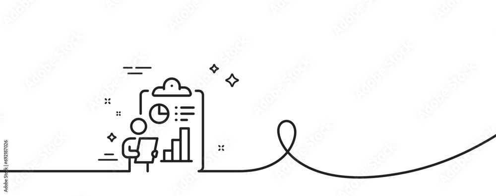 Poster report line icon. continuous one line with curl. accounting clipboard document sign. budget info sym