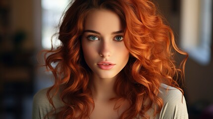 Fototapeta premium Portrait Teenage Girl Red Curly Hair, Background HD For Designer 