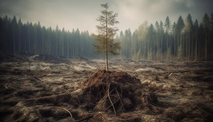 Autumn pine tree stands tall in burnt forest landscape generative AI - obrazy, fototapety, plakaty