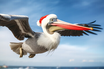 Flying Pelican wearing a Santa Hat
