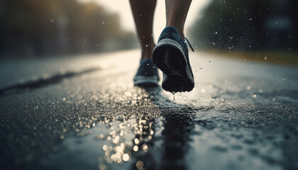 Running athlete splashes through rain on footpath, healthy lifestyle generative AI