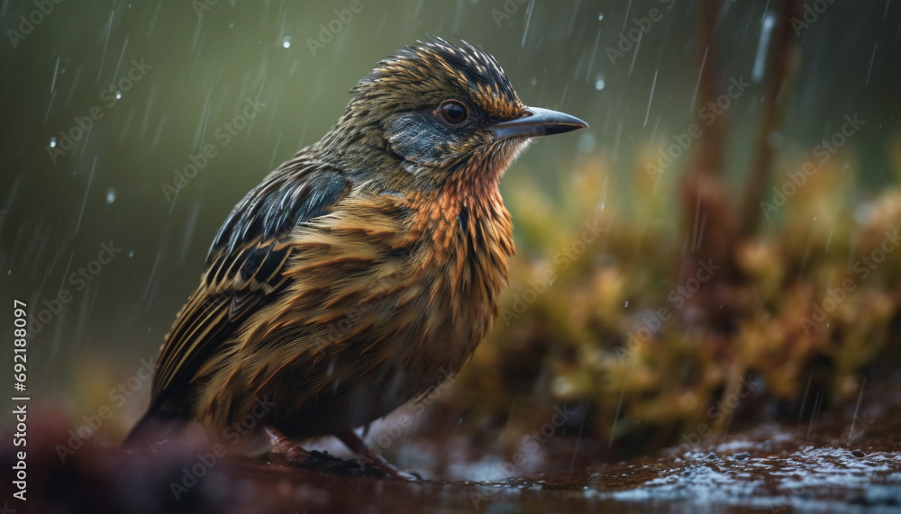 Sticker Colorful starling perches on wet branch, eyeing insect prey generative AI